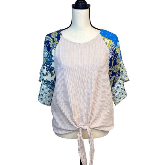 Umgee Mixed Media Waffle Knit and Ruffle Sleeve Boho Top Size Medium - Picture 1 of 7